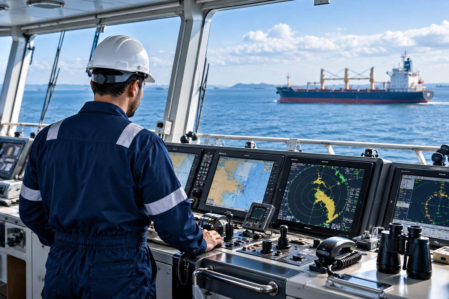Marine engineer on navigation bridge overlooking container ship