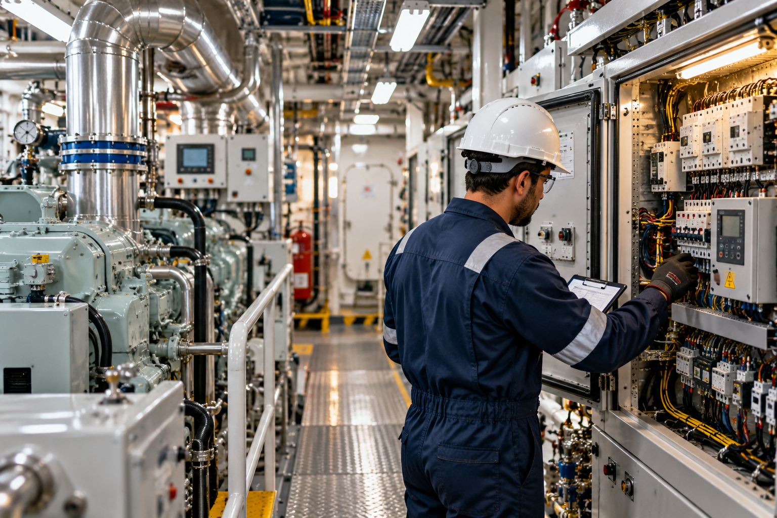 Marine engineer inspecting vessel electrical switchboard and generator automation panel