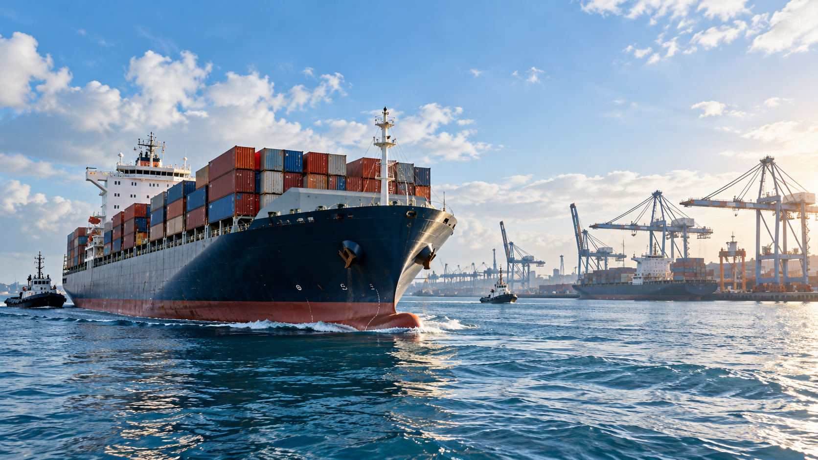 Container ship entering active commercial port with tugboats