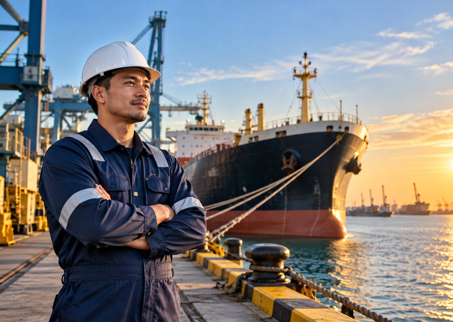 Ship Care technician in front of a vessel at port