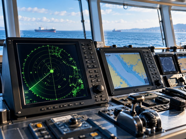 Marine radar and navigation display on a ship bridge