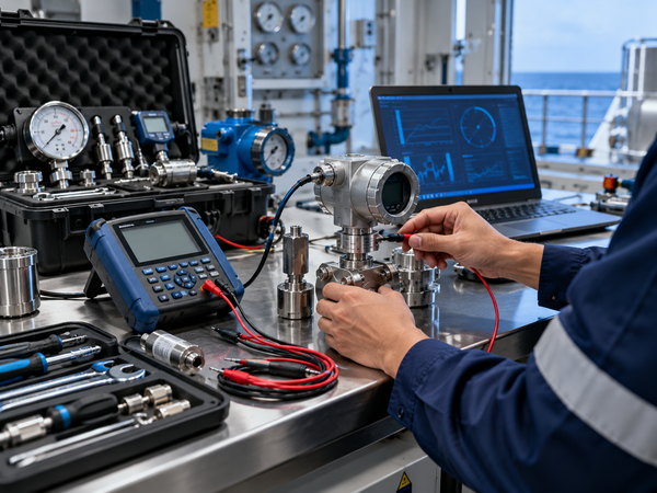 Calibration equipment and a technician testing an instrument