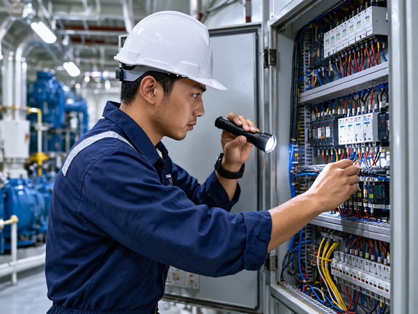 Technician troubleshooting a marine control system