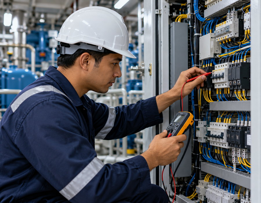 Ship Care marine technician testing electrical and automation equipment with a multimeter