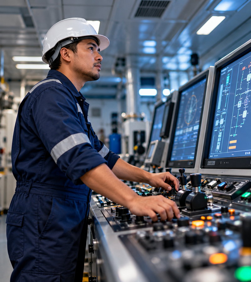 Ship Care technician operating marine control equipment