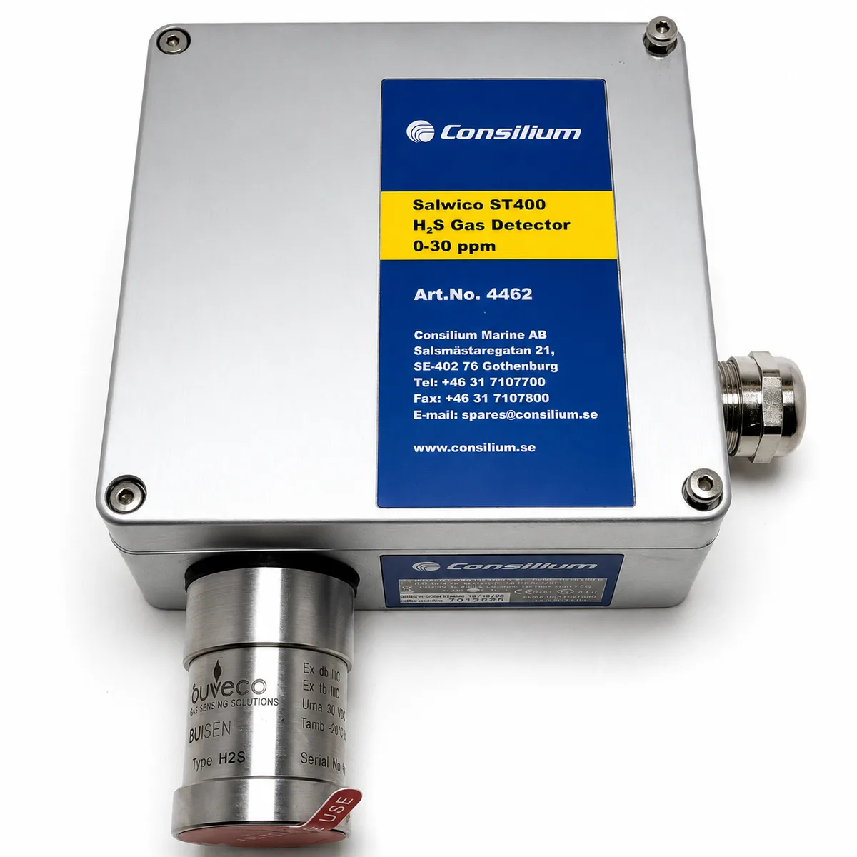 Consilium Salwico ST400 H₂S Gas Detector Consilium Salwico ST400 Hydrogen Sulphide (H₂S) gas detector installed onboard a marine vessel for continuous toxic gas monitoring.