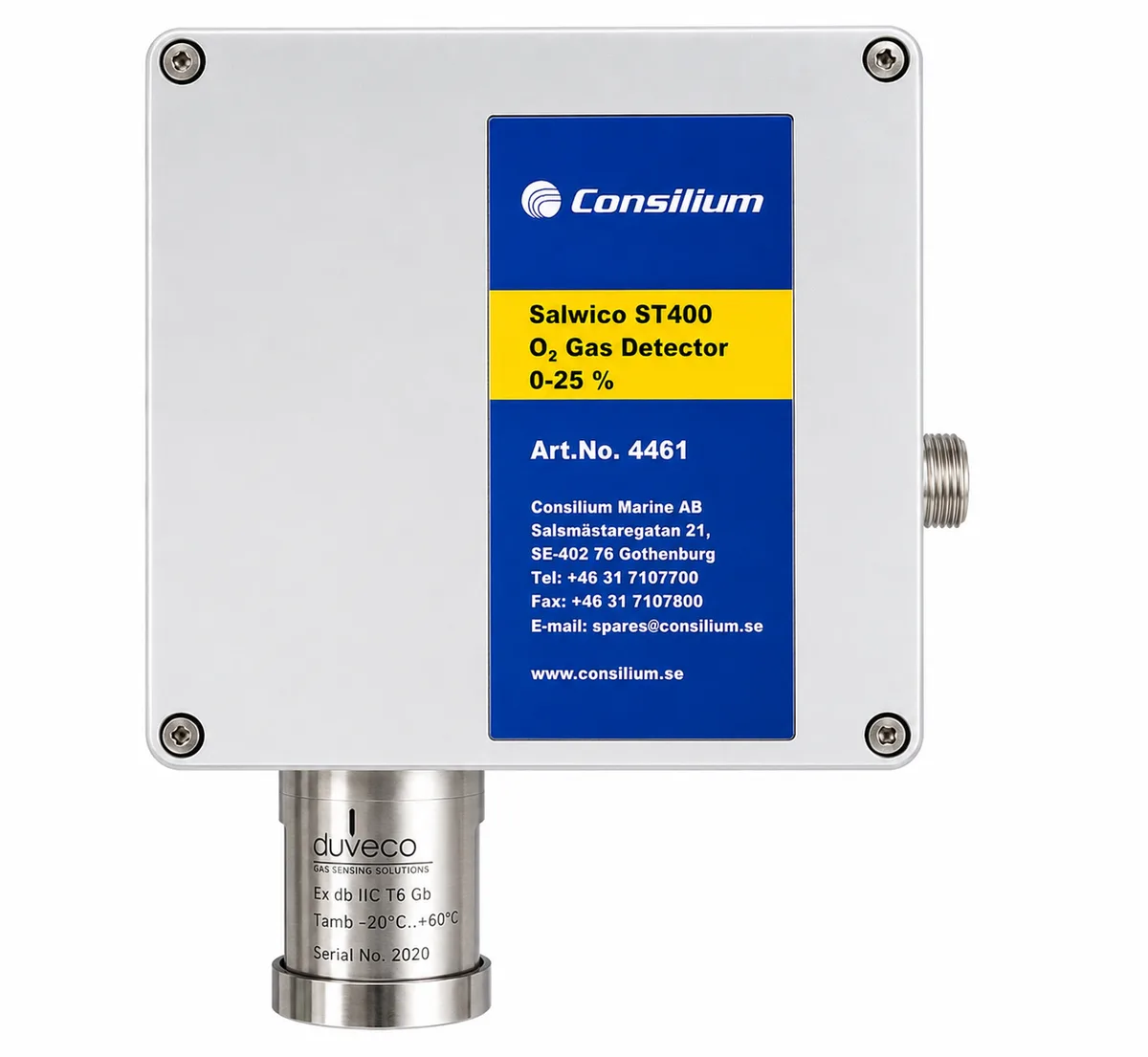 Consilium Salwico ST400 O₂ Gas Detector Consilium Salwico ST400 O₂ oxygen gas detector installed onboard a marine vessel for continuous oxygen concentration monitoring.