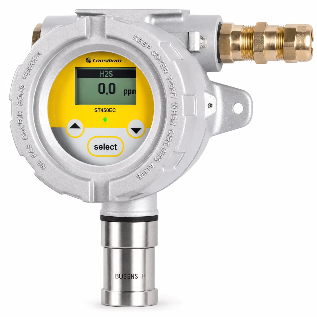 Consilium Salwico ST450EC Fixed Electrochemical Gas Detector Consilium Salwico ST450EC fixed electrochemical gas detector with LCD display installed onboard a marine vessel for continuous toxic and oxygen gas monitoring.