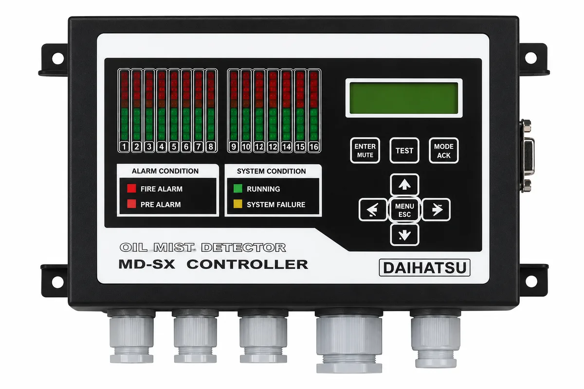 Daihatsu MD-SX Oil Mist Detector – Sensor-Type Marine Engine Protection System Daihatsu MD-SX Oil Mist Detector with sensor-based crankcase oil mist monitoring for marine diesel engine safety.